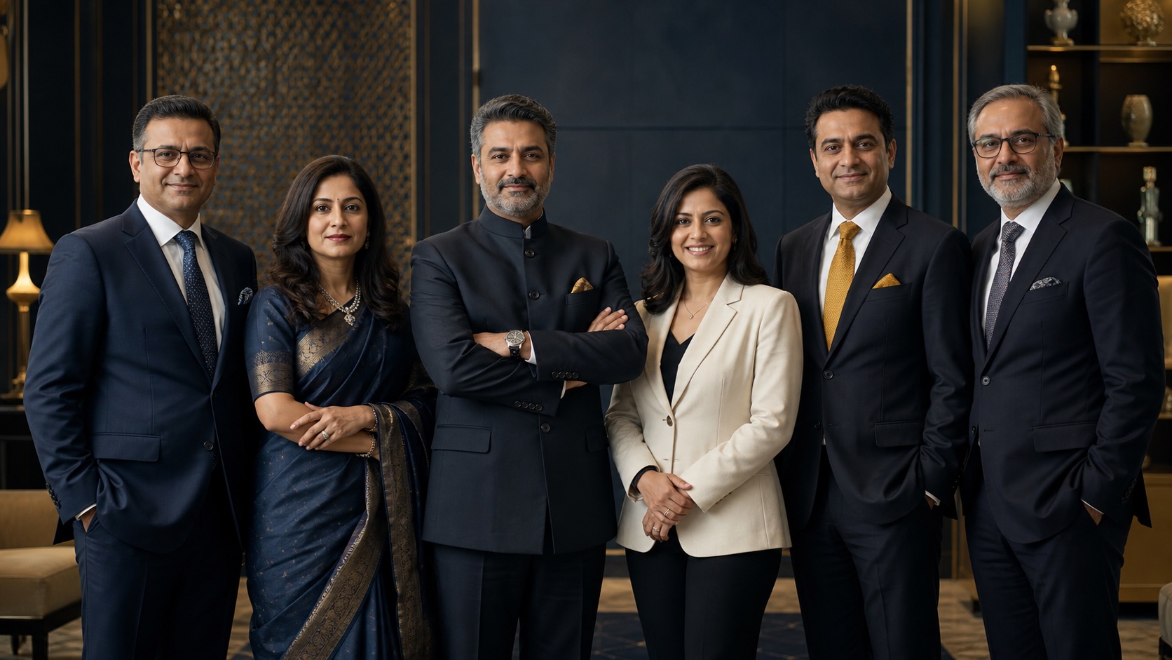 Sample advisory and event leadership team portrait with Indian-origin premium corporate styling