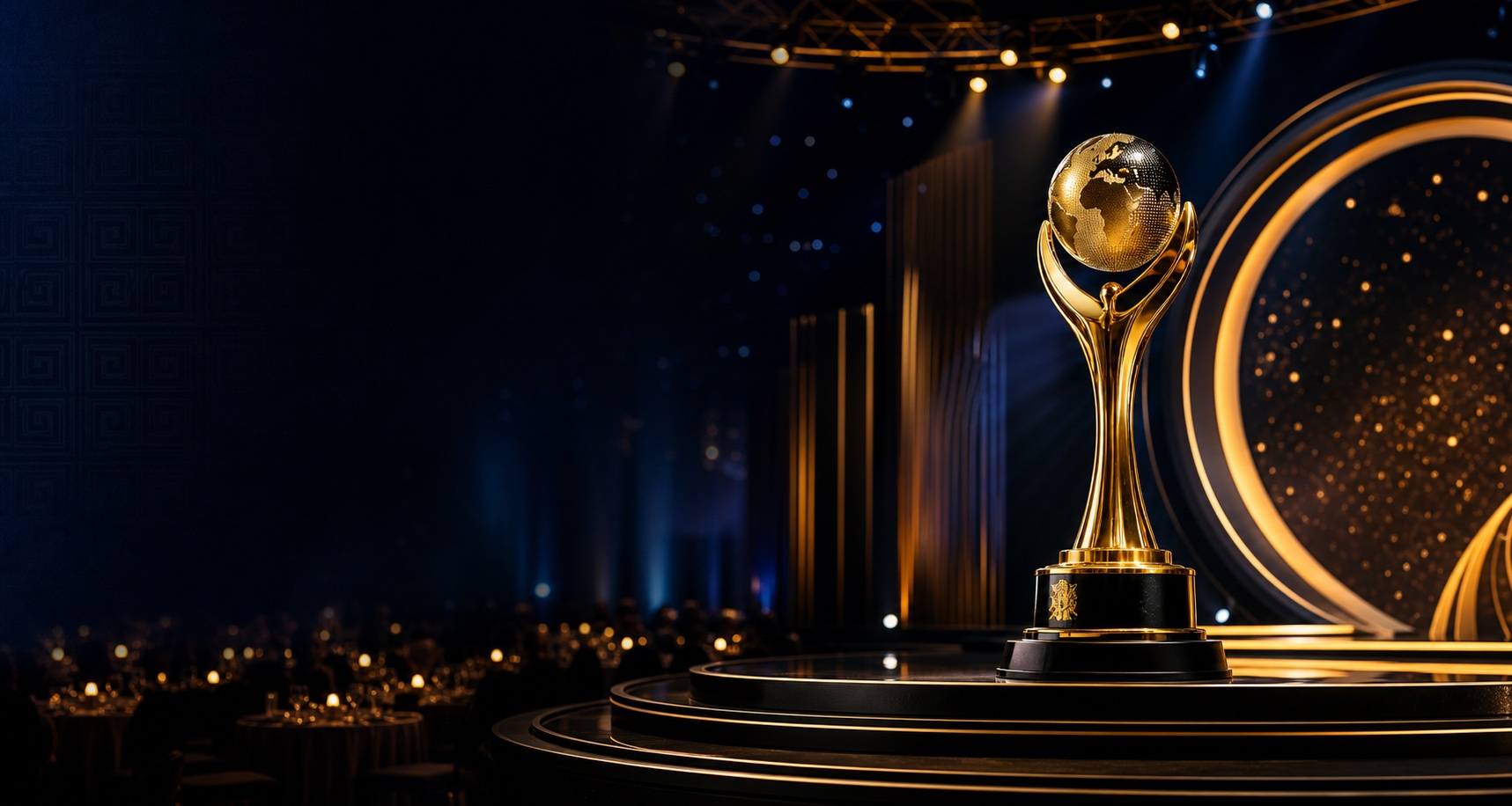 Representative premium award stage with gold trophy and ballroom audience