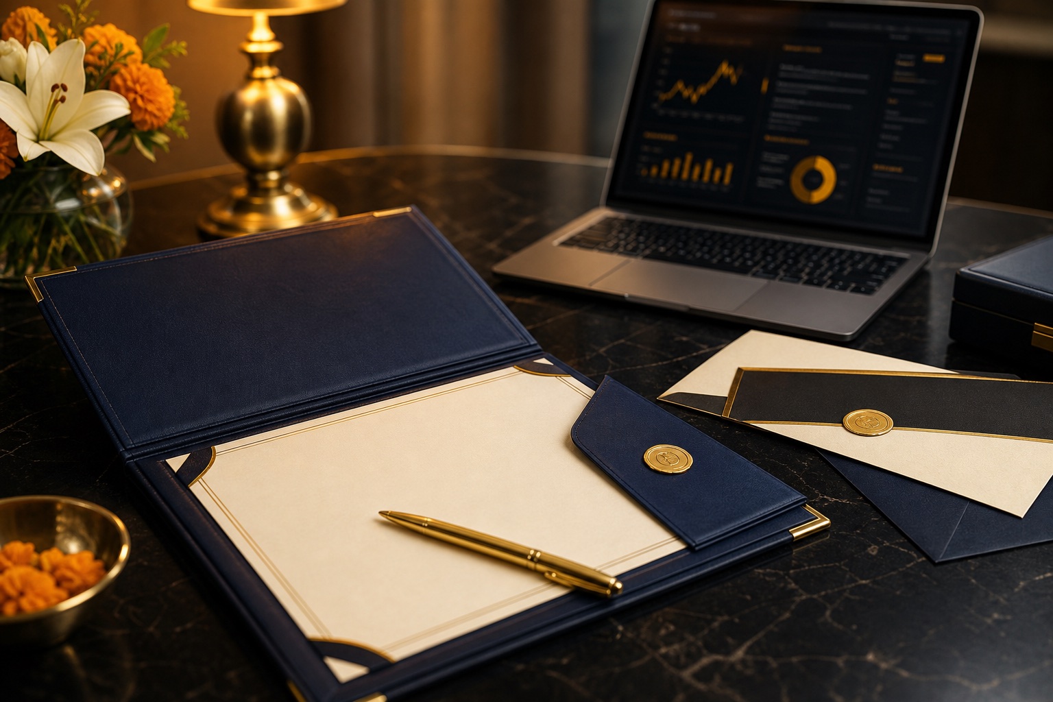 Premium nomination desk kit with certificate folder, gold pen and laptop dashboard
