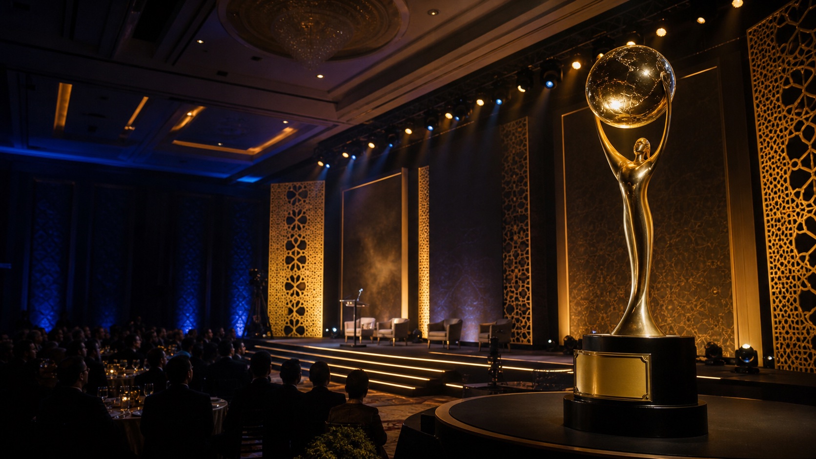Representative premium award stage with gold trophy and audience
