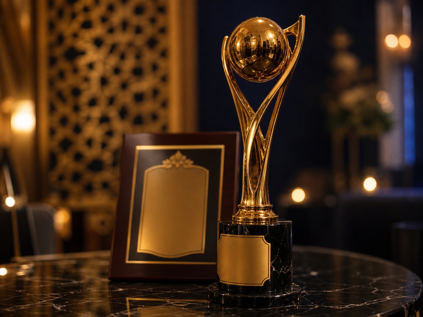 Premium gold award trophy close-up with luxury Indian event backdrop