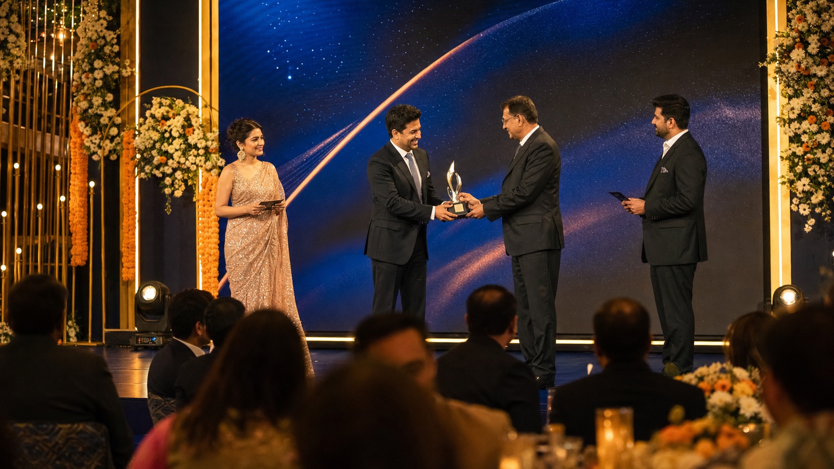 Representative winner felicitation moment on a premium award stage
